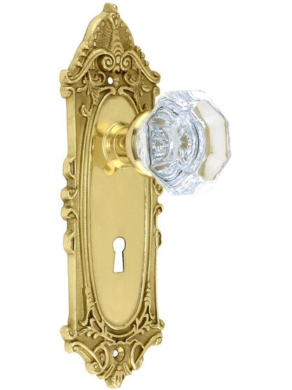 Largo Design Mortise Lock Set With Waldorf Crystal Knobs in Polished Brass.
